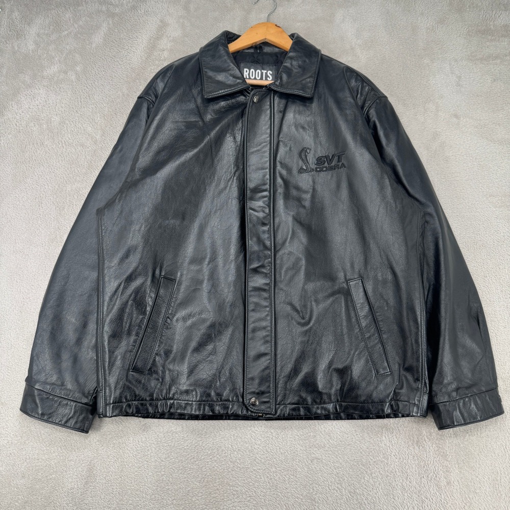 VTG 90s Roots Ford Mustang SVT Cobra Leather Bomber Jacket Mens XL Black Outdoor
